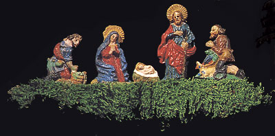 Maria und Josef mit Jesuskind, zwei kniende Hirten